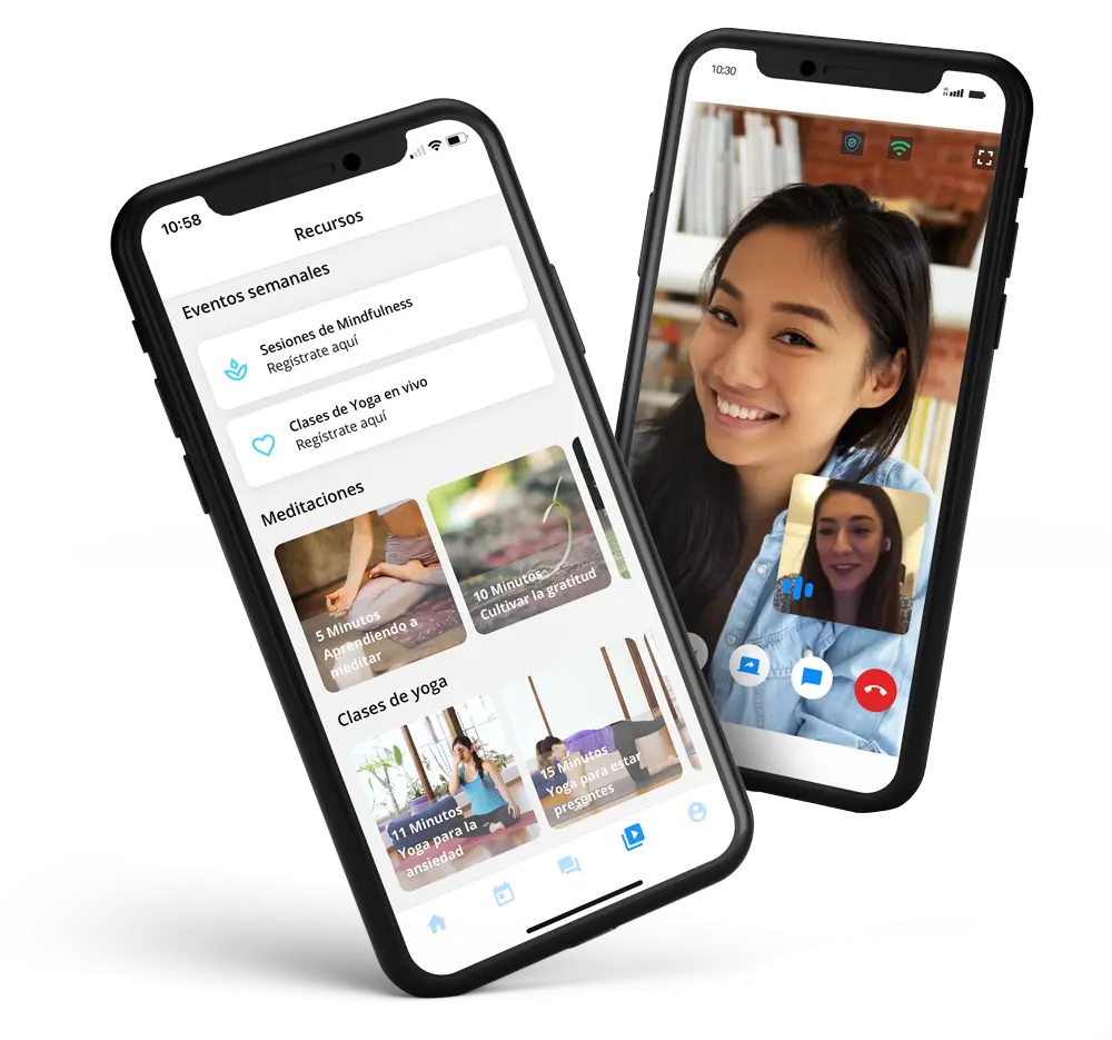 Dos teléfonos con la app de Terapify: recursos de bienestar y una videollamada