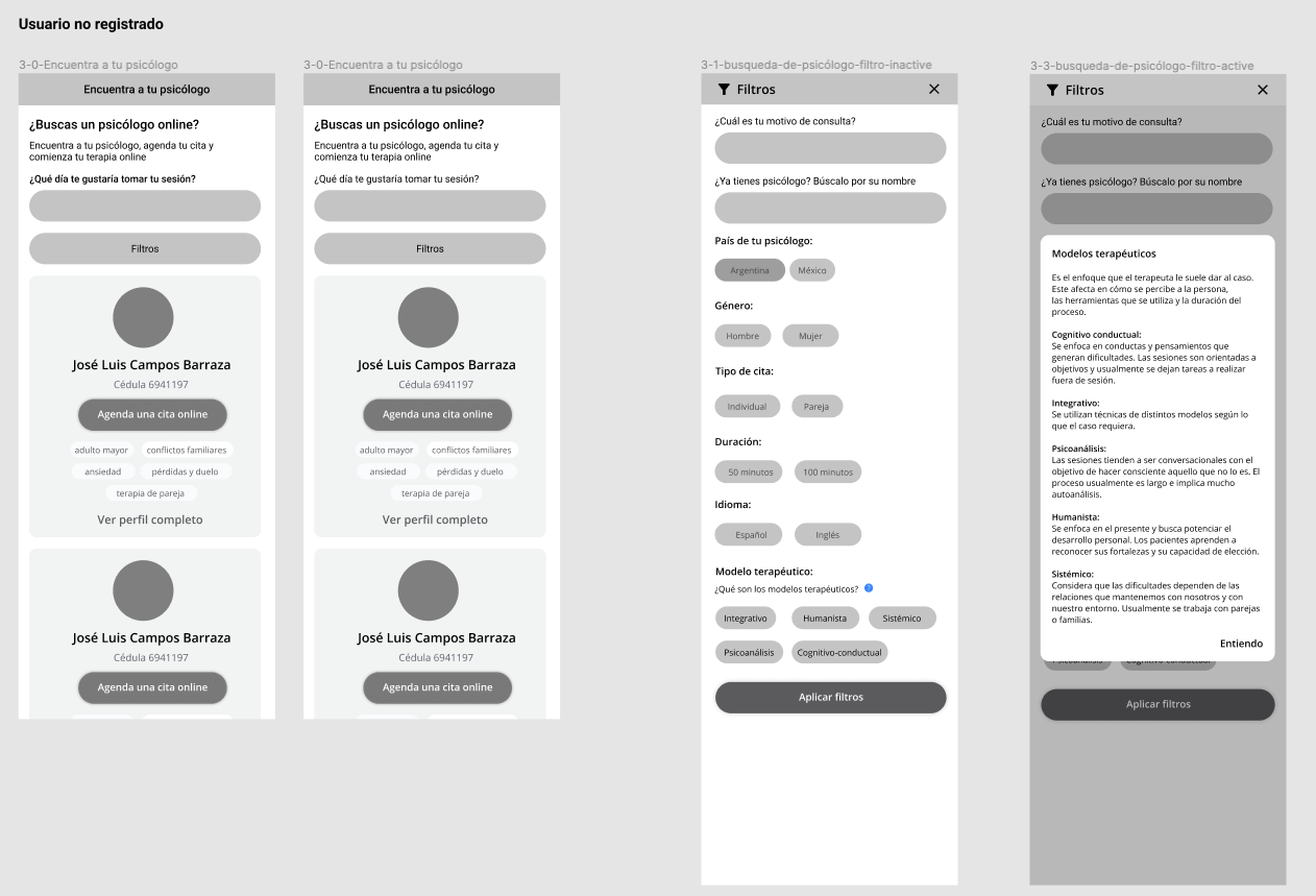 Wireframes de baja fidelidad de usuario no registrado: búsqueda de psicólogo y pantalla de filtros