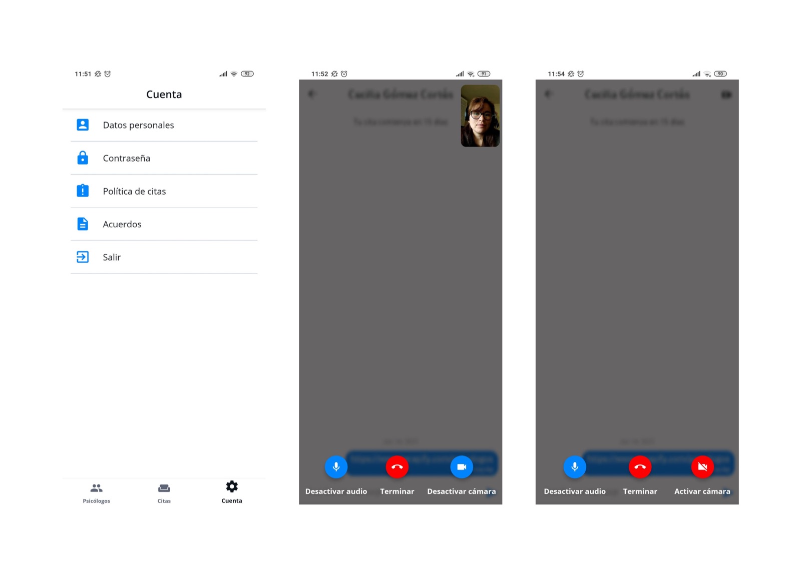 La app antes del rediseño: menú Cuenta y pantallas de videollamada con los controles de audio, terminar y cámara