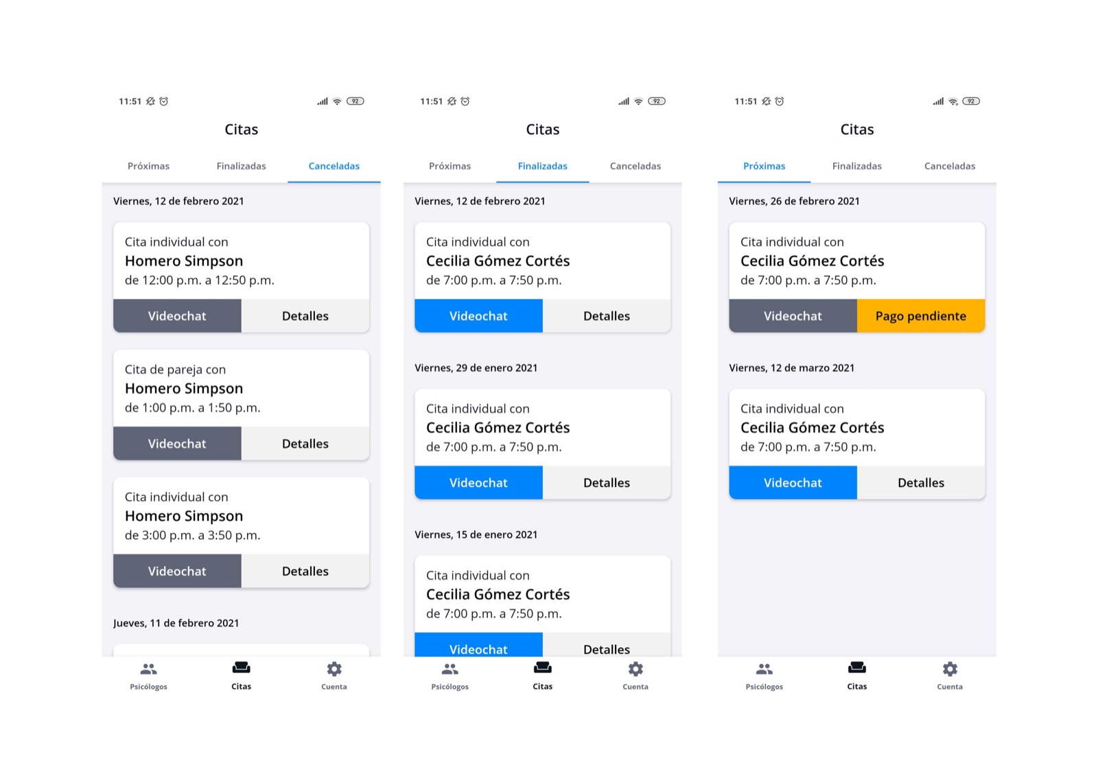 La app antes del rediseño: lista de citas Canceladas, Finalizadas y Próximas con los botones Videochat, Detalles y Pago pendiente