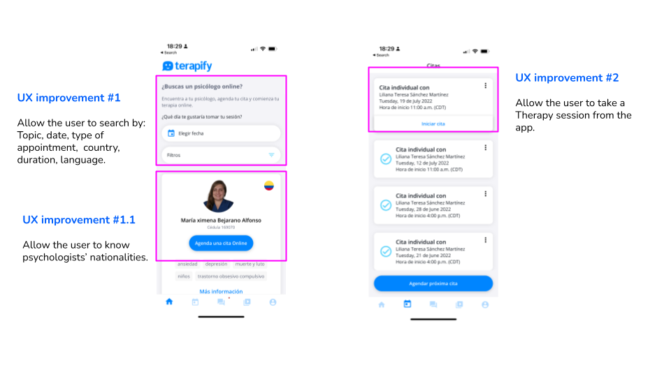 Mejoras de UX 1 y 2: buscar por tema, fecha, tipo de cita, país, duración e idioma; ver la nacionalidad de los psicólogos; y tomar la sesión desde la app