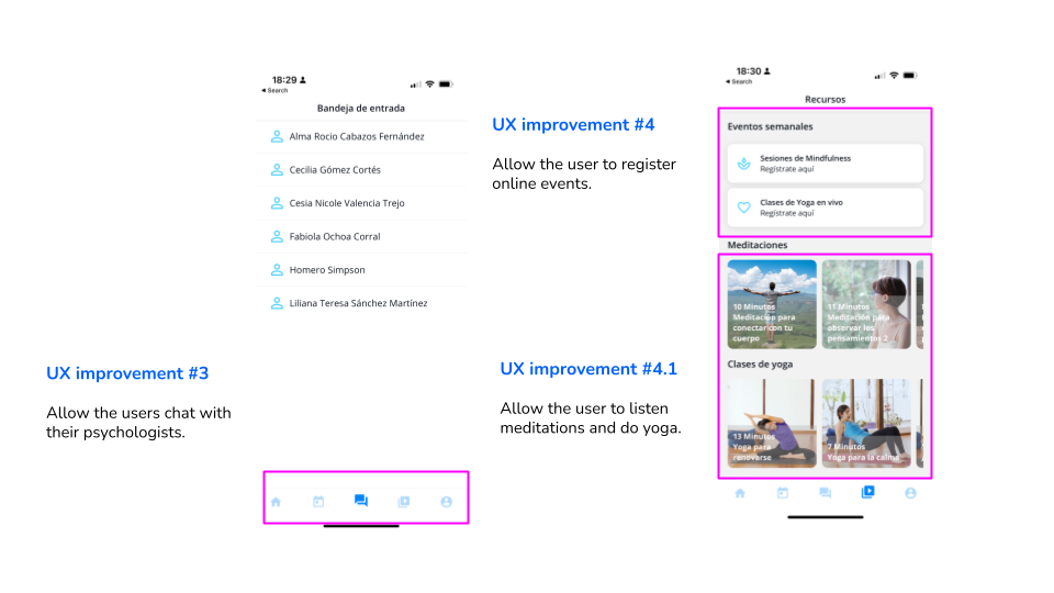Mejoras de UX 3 y 4: chat con los psicólogos y registro a eventos en línea, meditaciones y clases de yoga