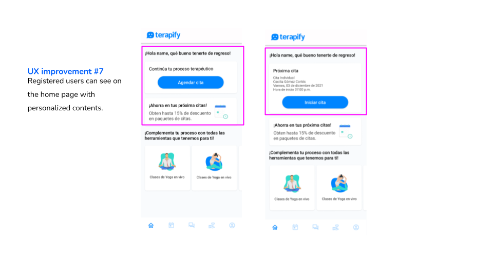 Mejora de UX 7: home personalizado para usuarios registrados con la próxima cita y descuentos en paquetes