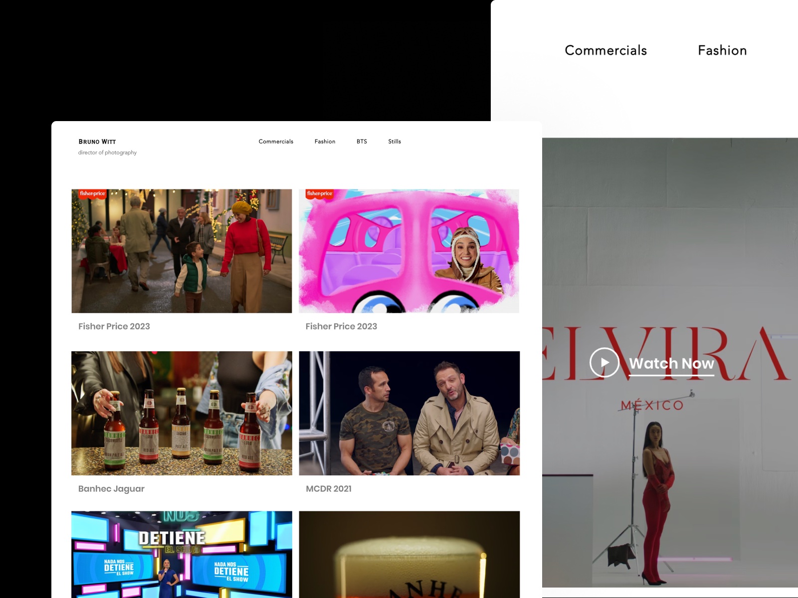 Sitio de Bruno Witt: cuadrícula de proyectos comerciales y detalle de un proyecto de moda