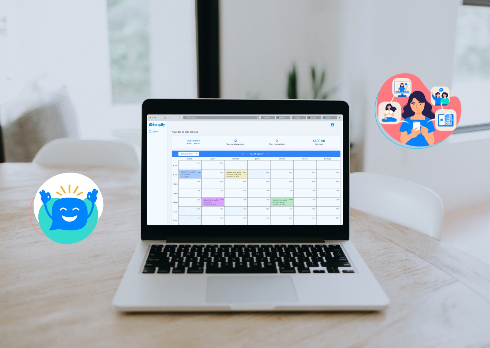 Agenda semanal del consultorio en línea de Terapify en una laptop