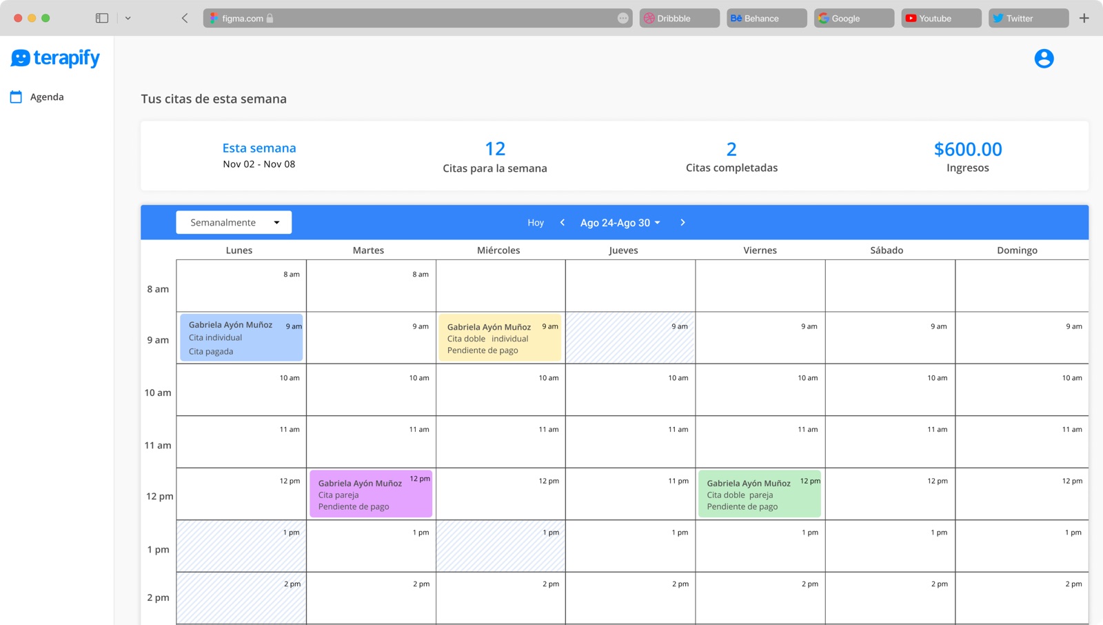 Mockup de la agenda semanal del consultorio de Terapify