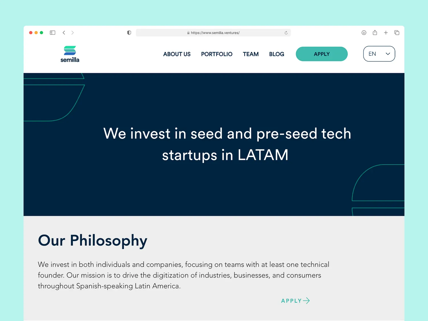 Sitio web de Semilla Ventures: portada y sección Our Philosophy