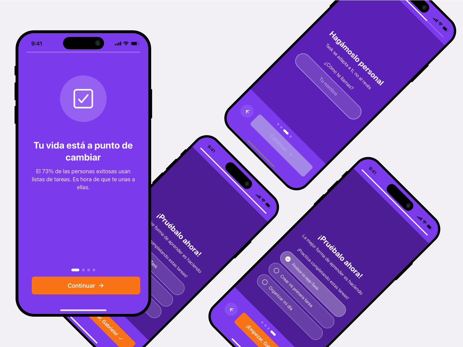 Pantallas de onboarding de la app Task Manager