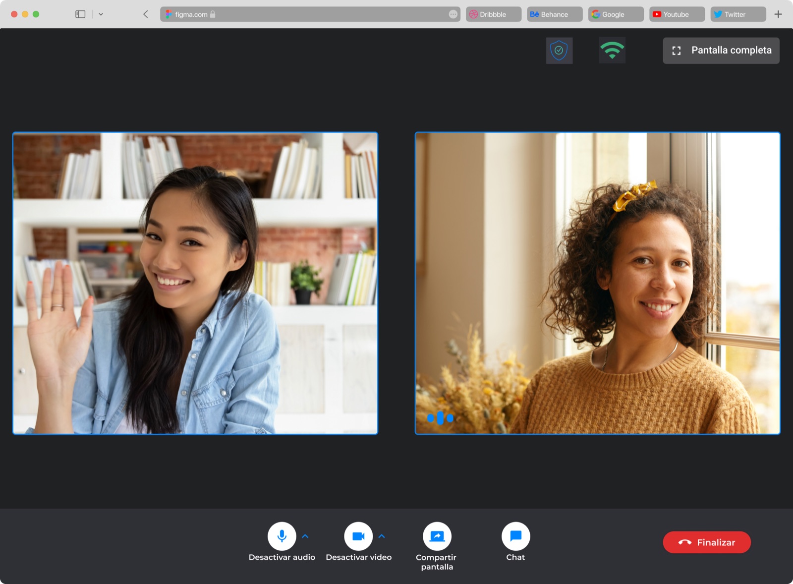 Videollamada de Terapify en escritorio con los controles de audio, video, compartir pantalla y chat