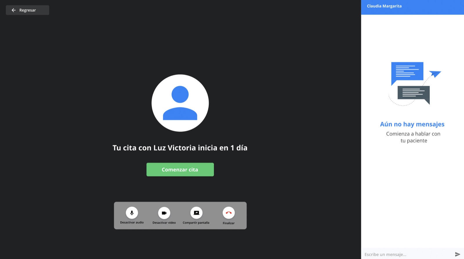 Primera versión de la videollamada: pantalla previa a la cita con el botón Comenzar cita y el chat lateral vacío