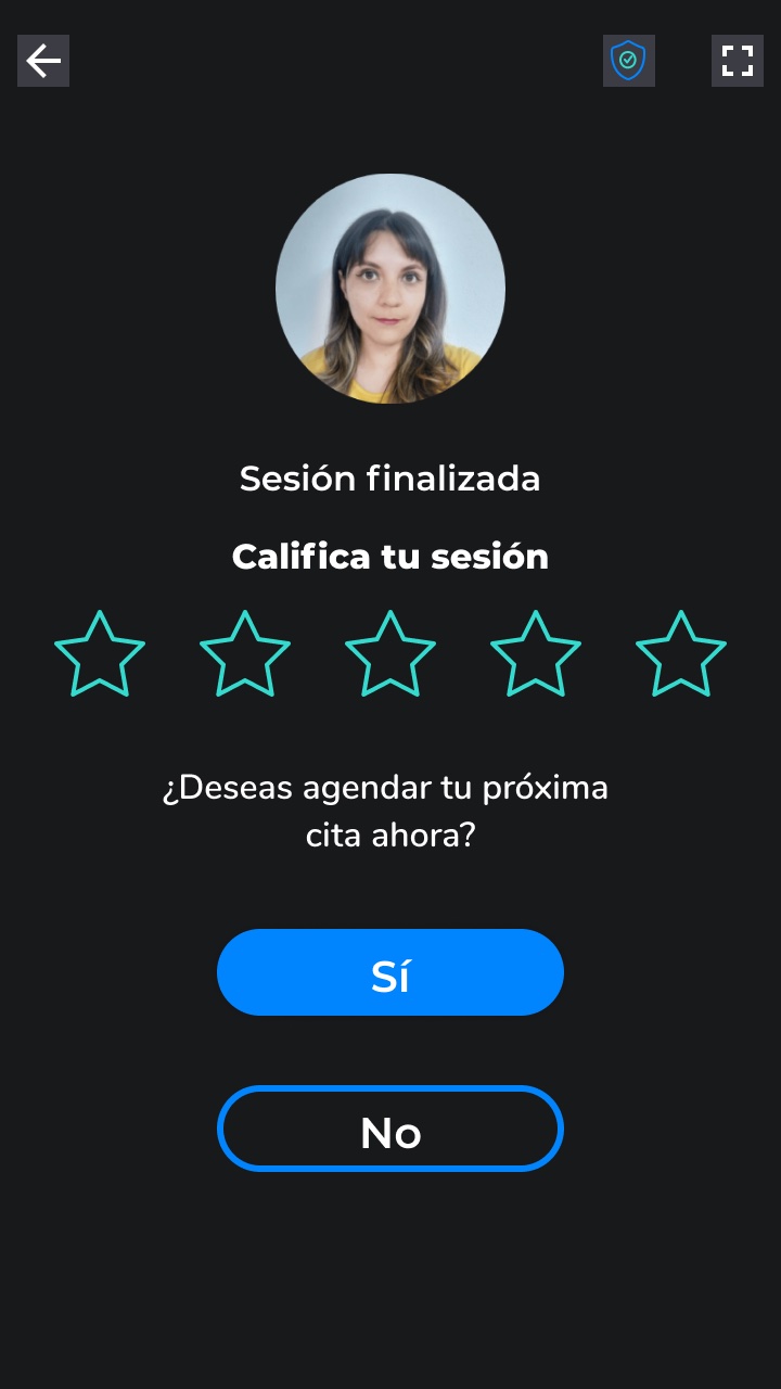 Pantalla móvil Sesión finalizada con calificación de cinco estrellas y la pregunta de si se desea agendar la próxima cita